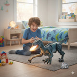 Juguete Dinosaurio Velociraptor Bota Humo y Control Remoto para Niños