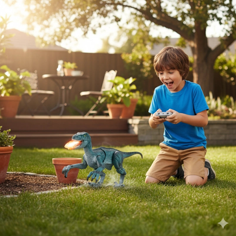 Juguete Dinosaurio Velociraptor Bota Humo y Control Remoto para Niños